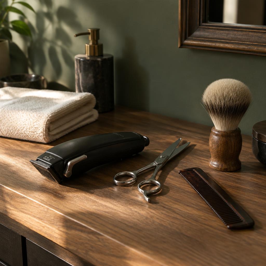 Barber scissors, clippers, and a shaving brush arranged on a wood countertop